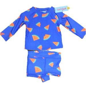 Cat & Jack Rash Guard Crop Swimsuit Set - Watermelons/Blue Size 12